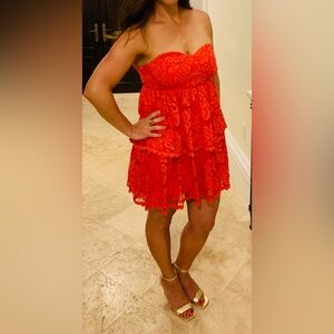 Anthropologie Maeve Women's Strapless Lace Mini Dress in Red Size Medium